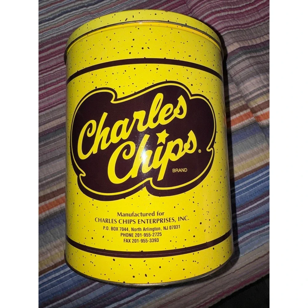 Vintage Charles Chips and Charles Pretzels Tin Set Yellow Brown Retro Snack Cans
